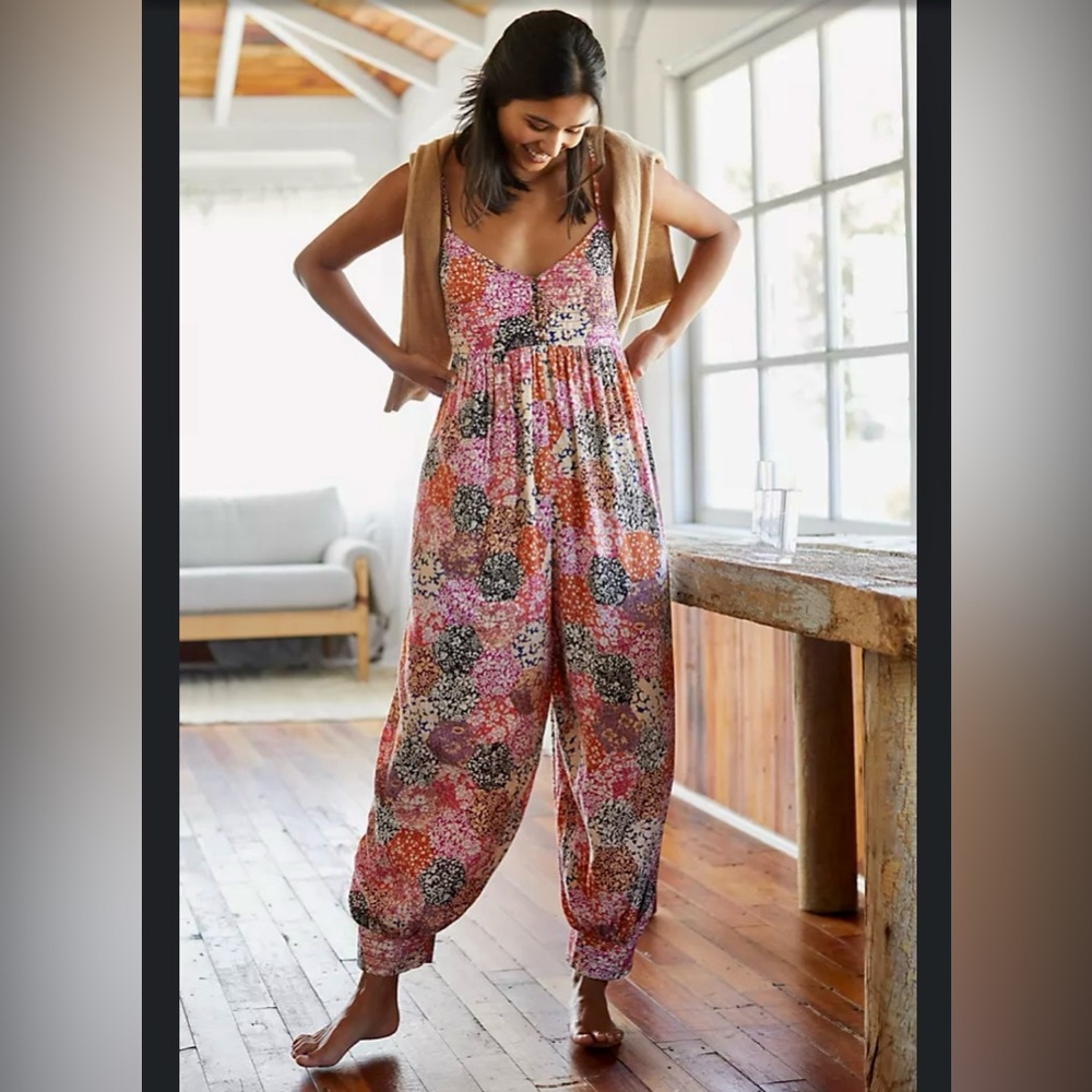 Anthropologie Floral Jumpsuit - Pink, Orange, Black